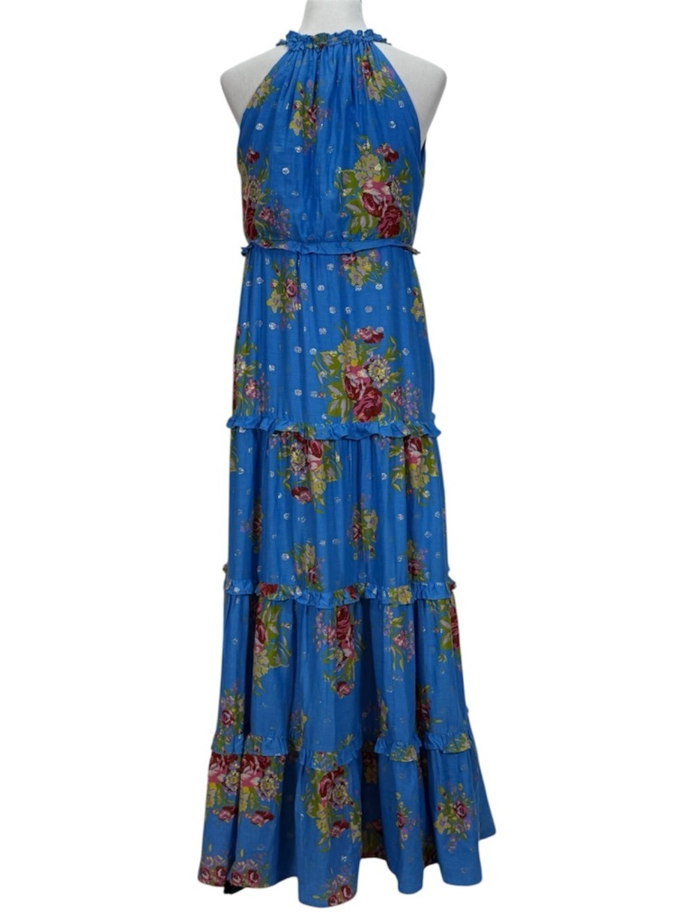 House of Harlow 1960 Blue Floral Maxi Dress Boho Tiered Ruffle Halter Feminine - Picture 15 of 16